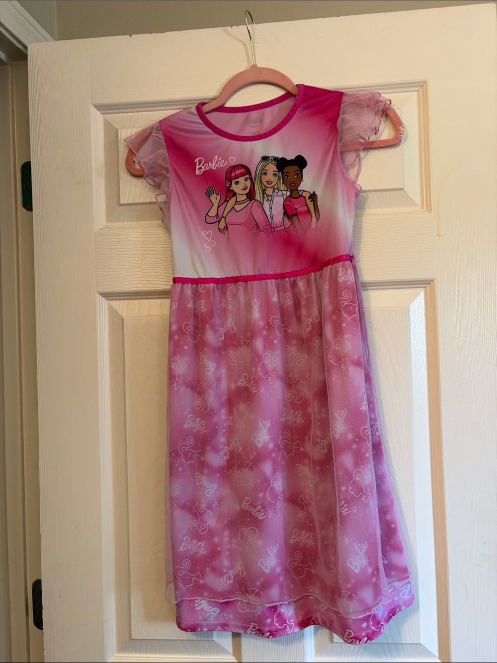 Barbie Pink Ombre Graphic Nightdress with Sheer Puff Sleeves